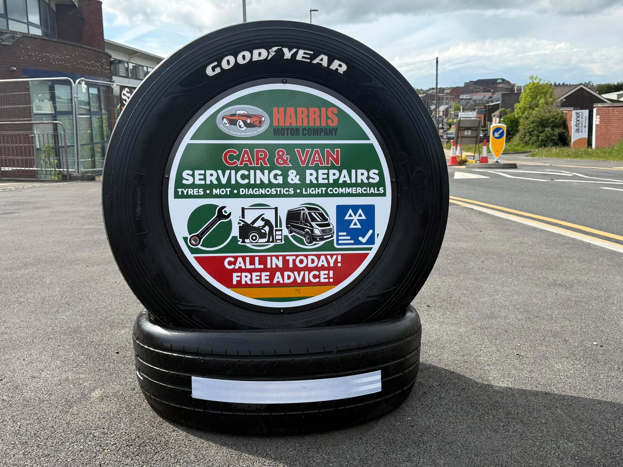ACM Circular sign in Tyre - design, fabrication and install from Engage Creative, l Stoke on Trent